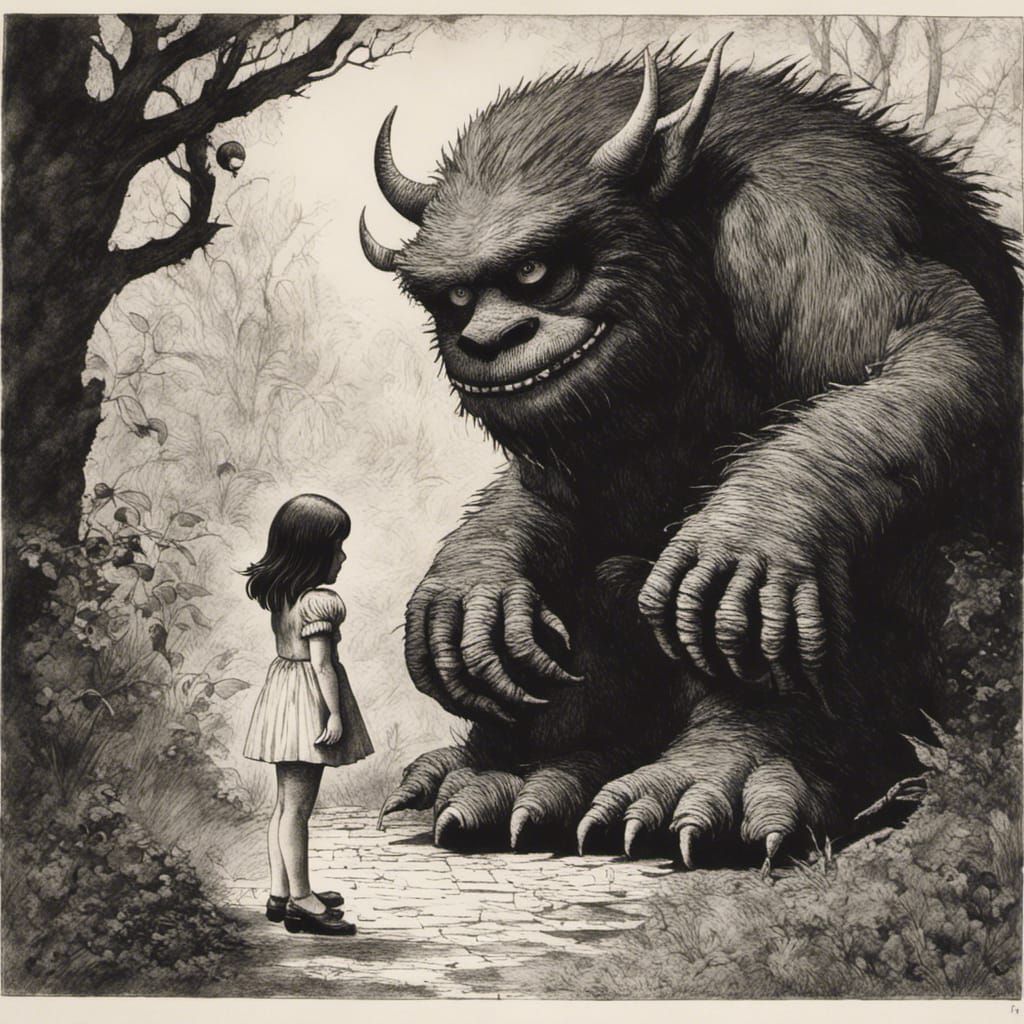 Girl and Monster Ink Drawing in Sendak Style