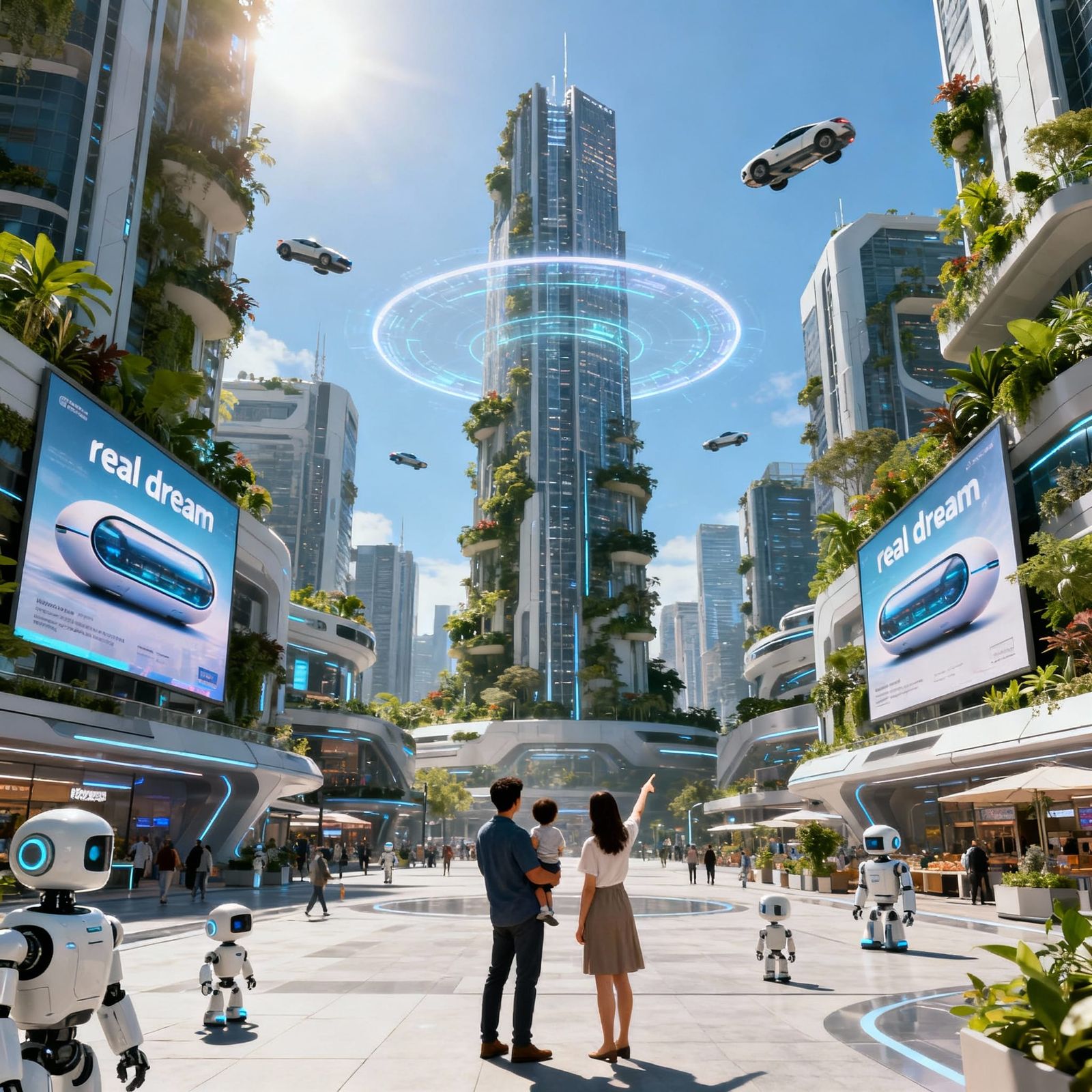 Futuristic Megacity Marketplace with Robots and Family