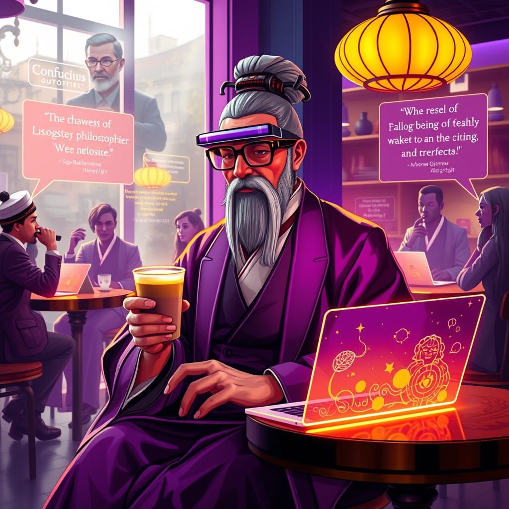 Confucius in Modern Coffee Shop with AR Glasses