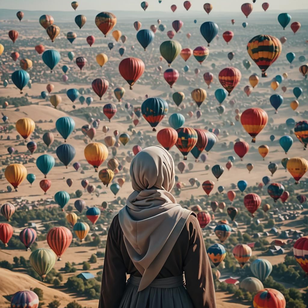 Woman in Hijab with Colorful Hot Air Balloons