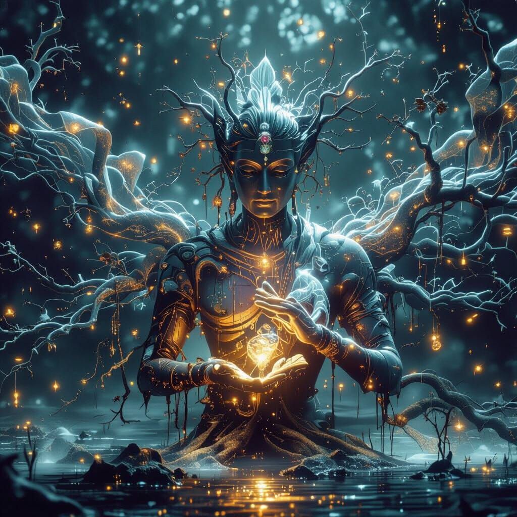 Mystical Swamp Bodhi Tree with Glowing Sutras