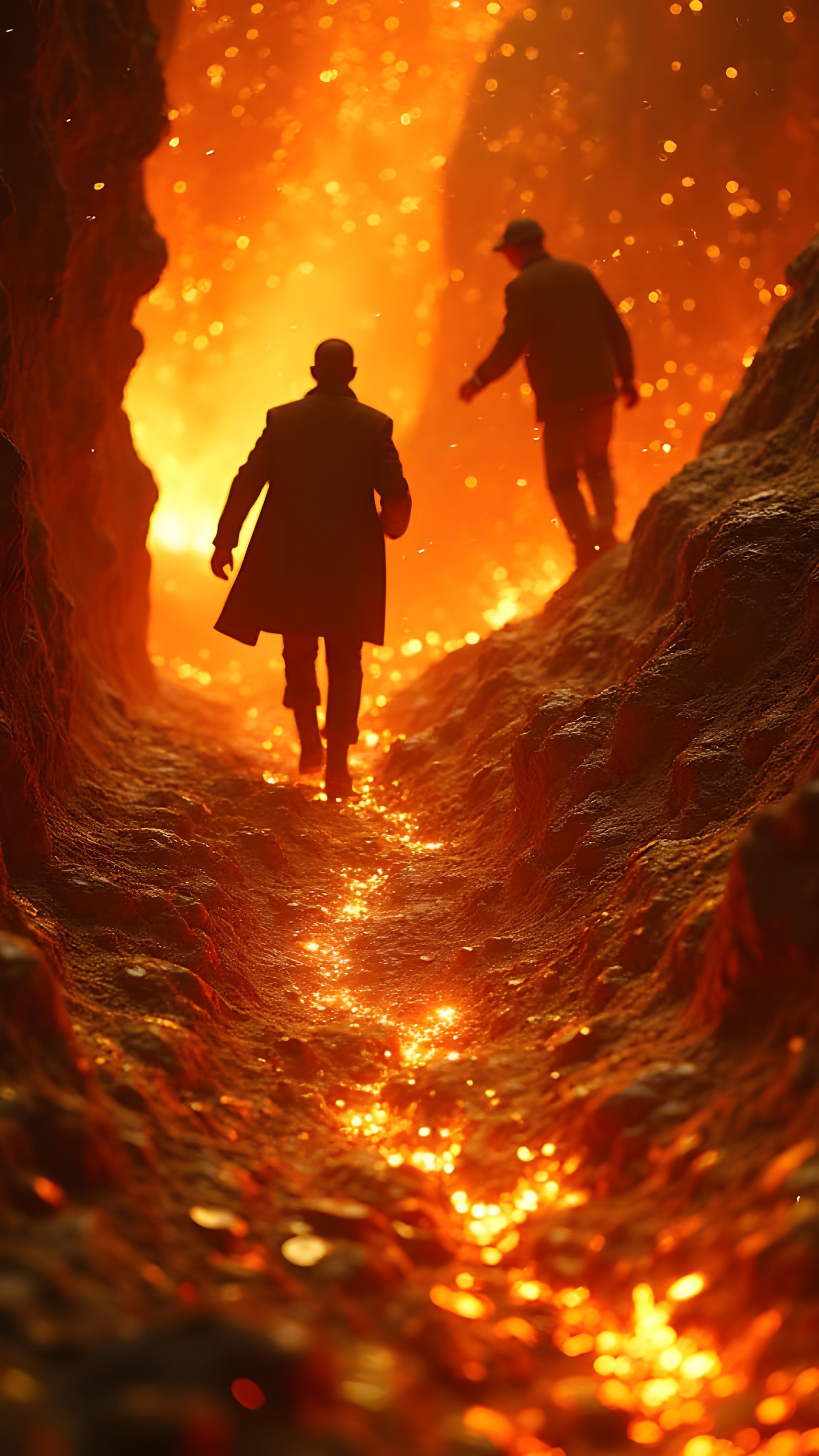 Figures Climb Molten Gold Slope in Fiery Cinematic Masterpie...