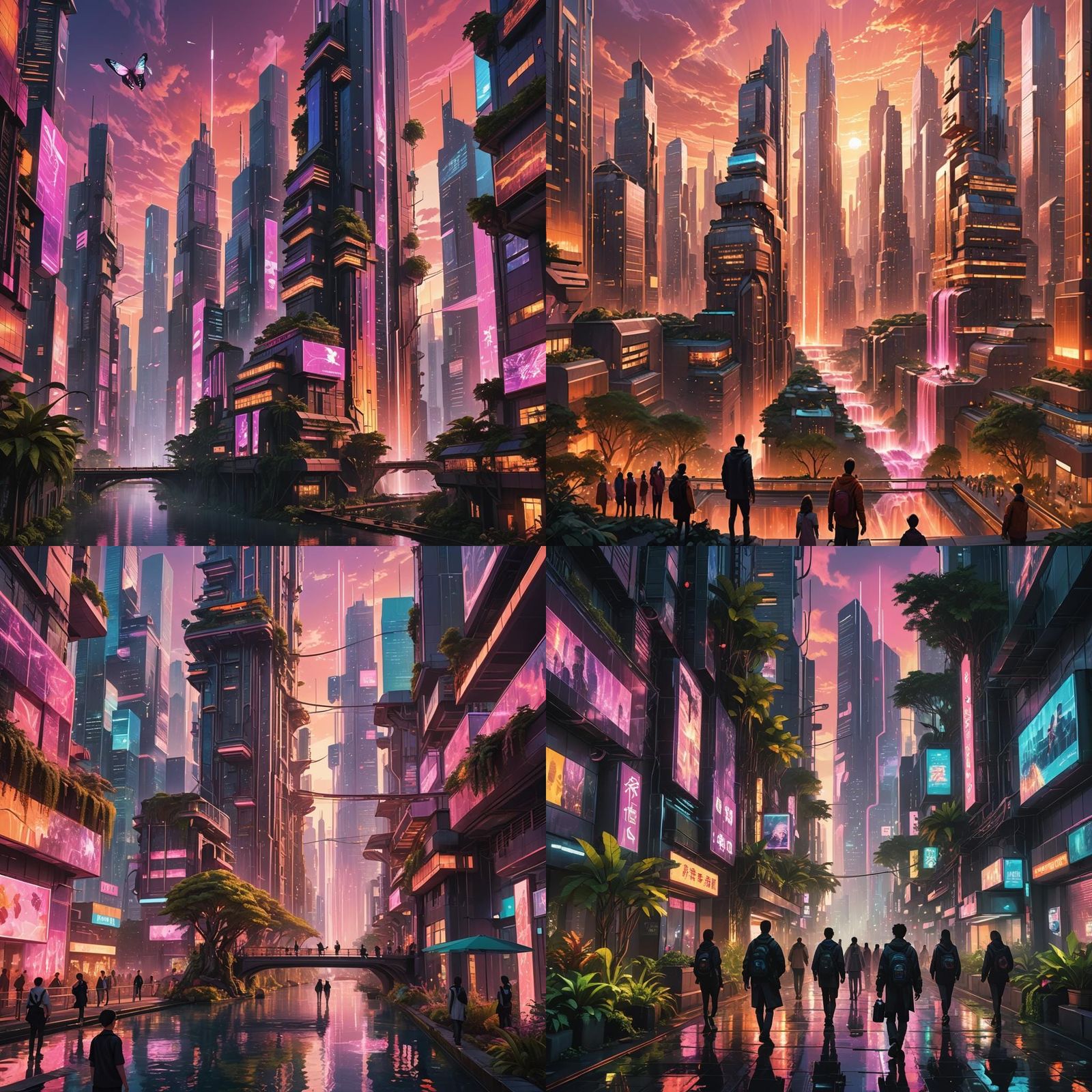 Futuristic Cityscape with Cascading Gardens in Anime Style