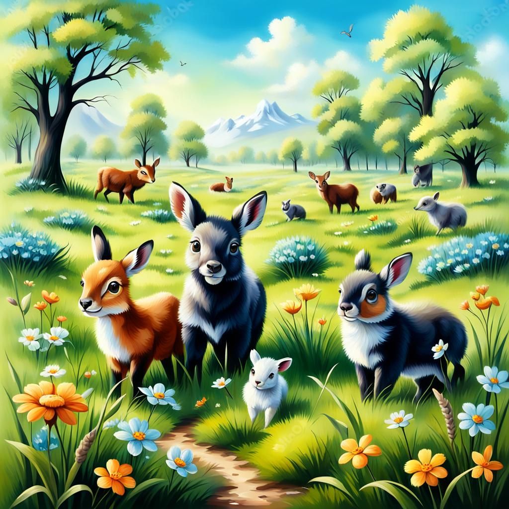 Spring Meadow with Cute Animals in Oil Painting Style