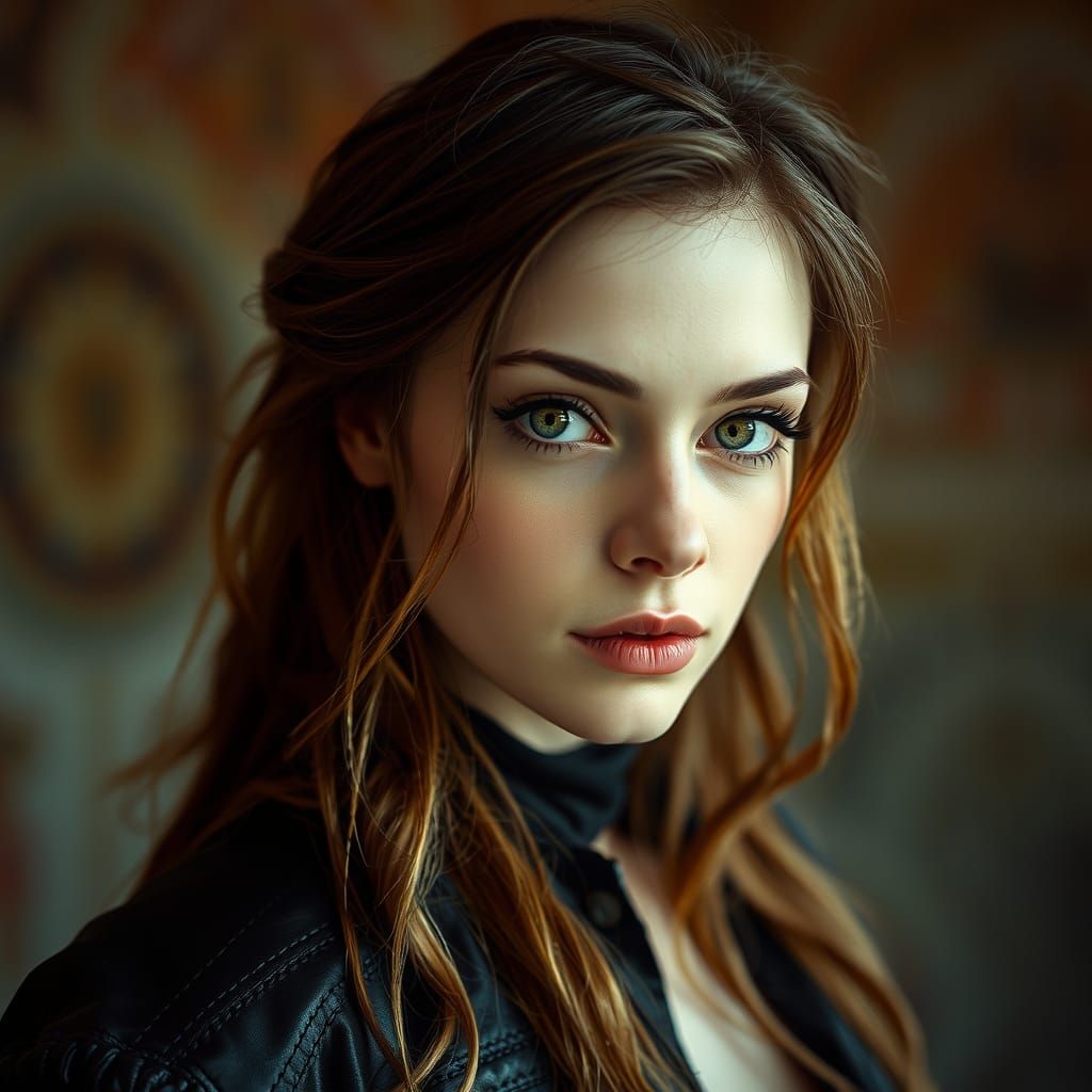 Stunning Green-Eyed Girl in Leather: Cinematic Portrait