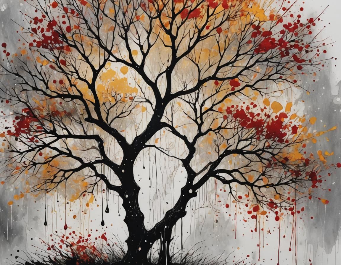 Autumn Tree in Rain: Ink Splatter Elegance