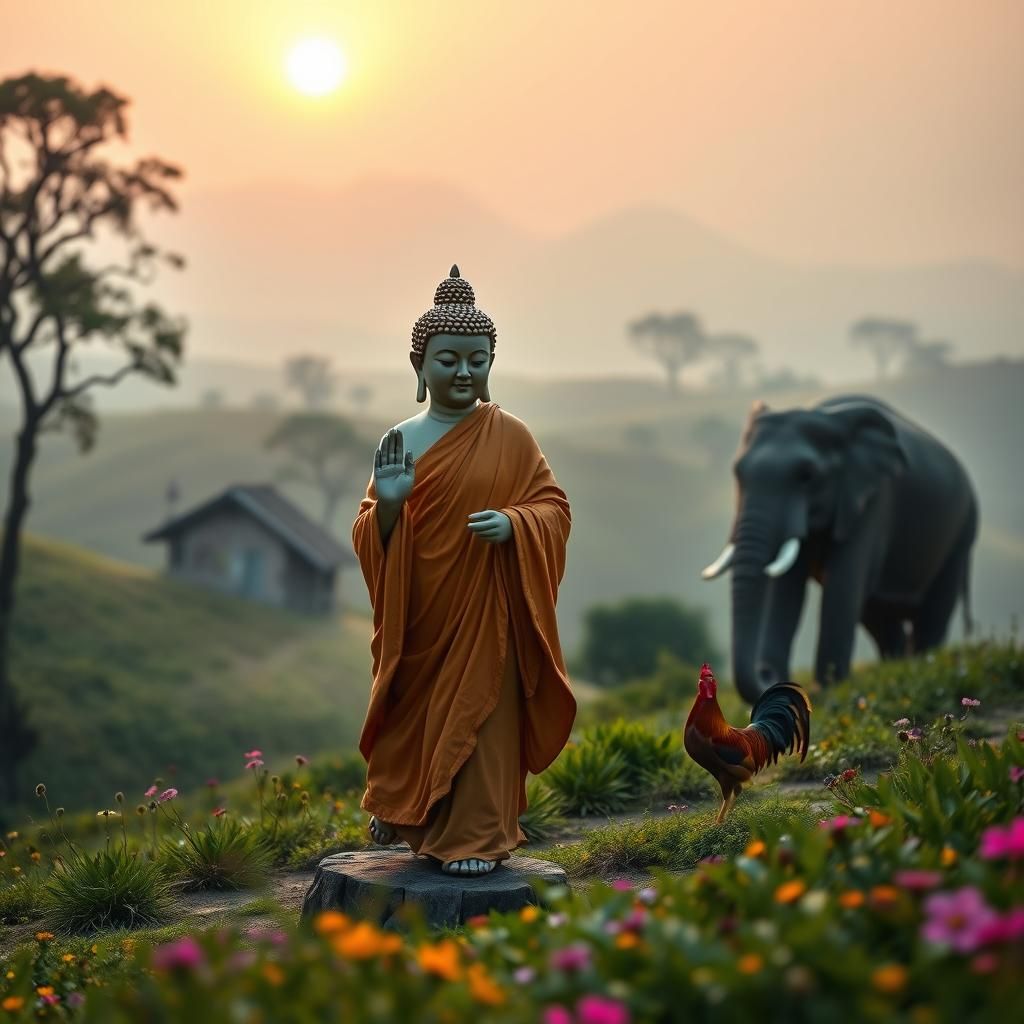 Walking Buddha Statue with Elephant and Rooster
