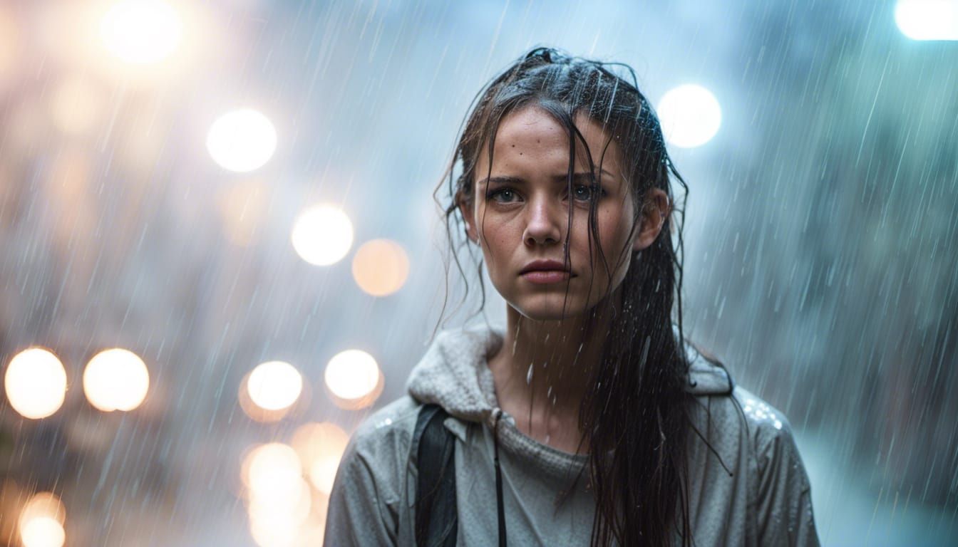 Drenched Girl in Heavy Rain Looking at Camera