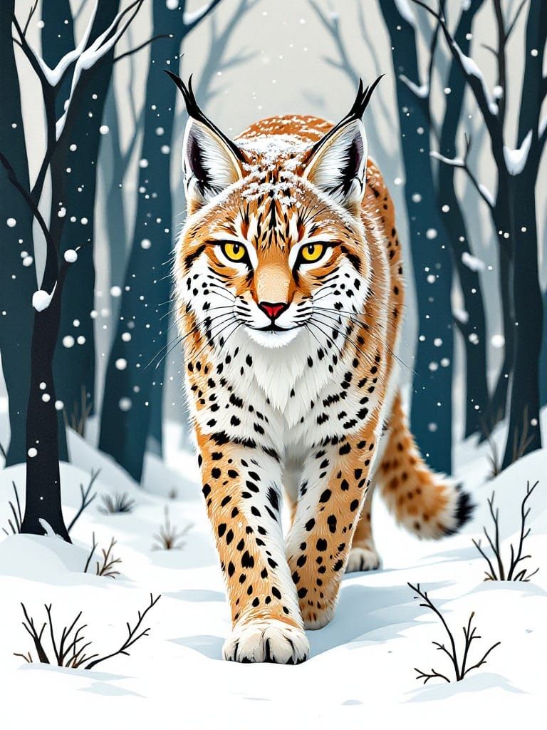 Cut-Paper Lynx Walks Silently Through Snowy Landscape