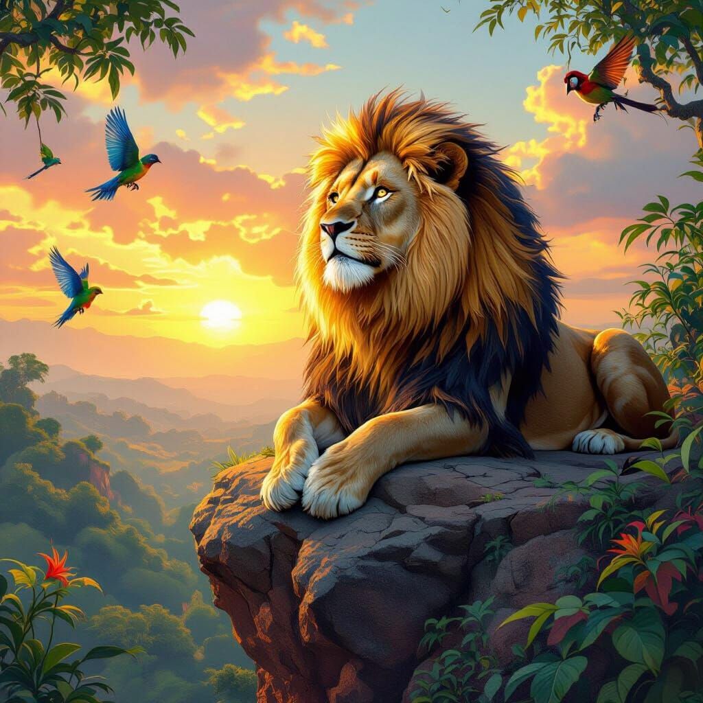 Golden-Maned Lion Overlooking Jungle, Hyperrealistic Digital...