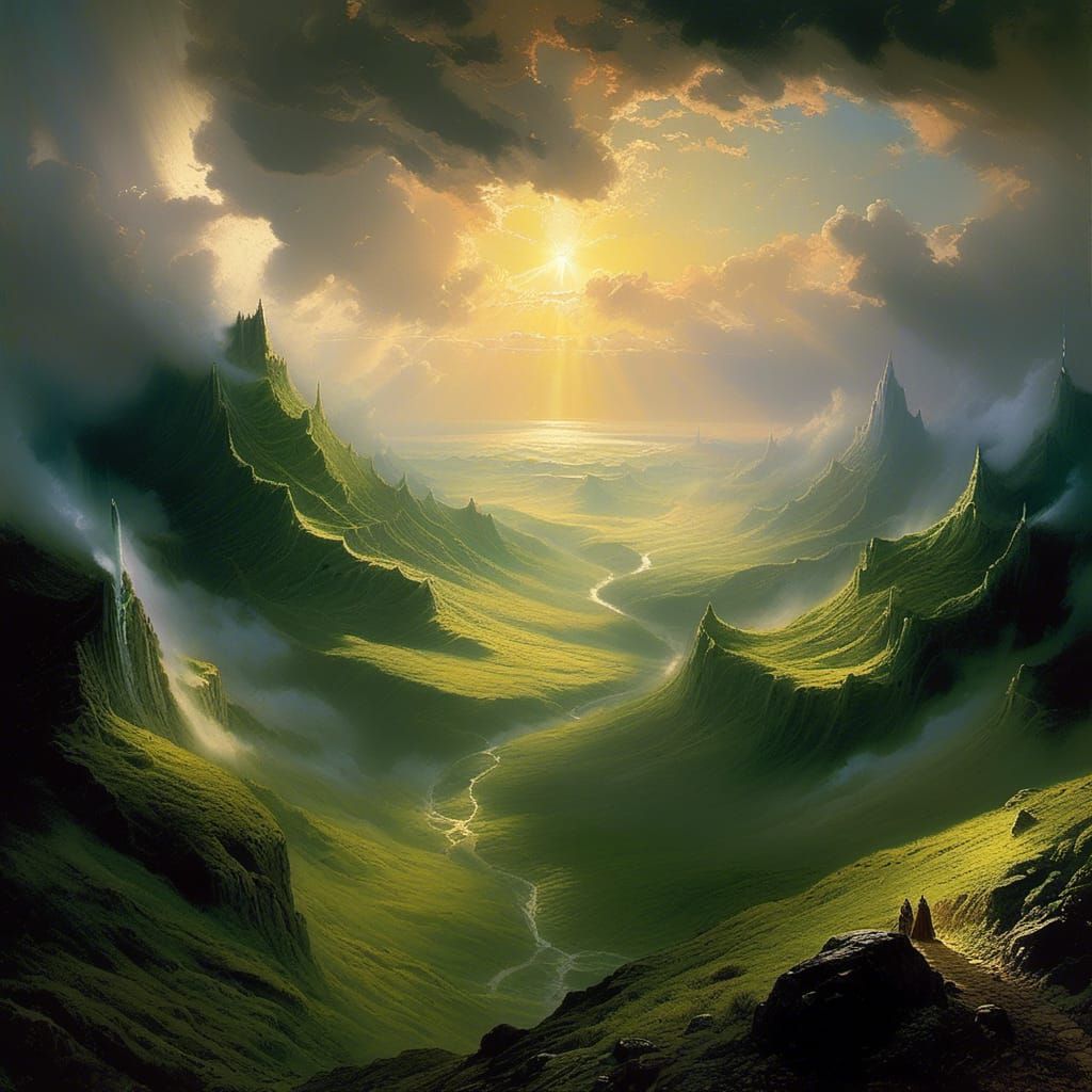 Idyllic Eleven Realm Landscape with Long Wall of Hills