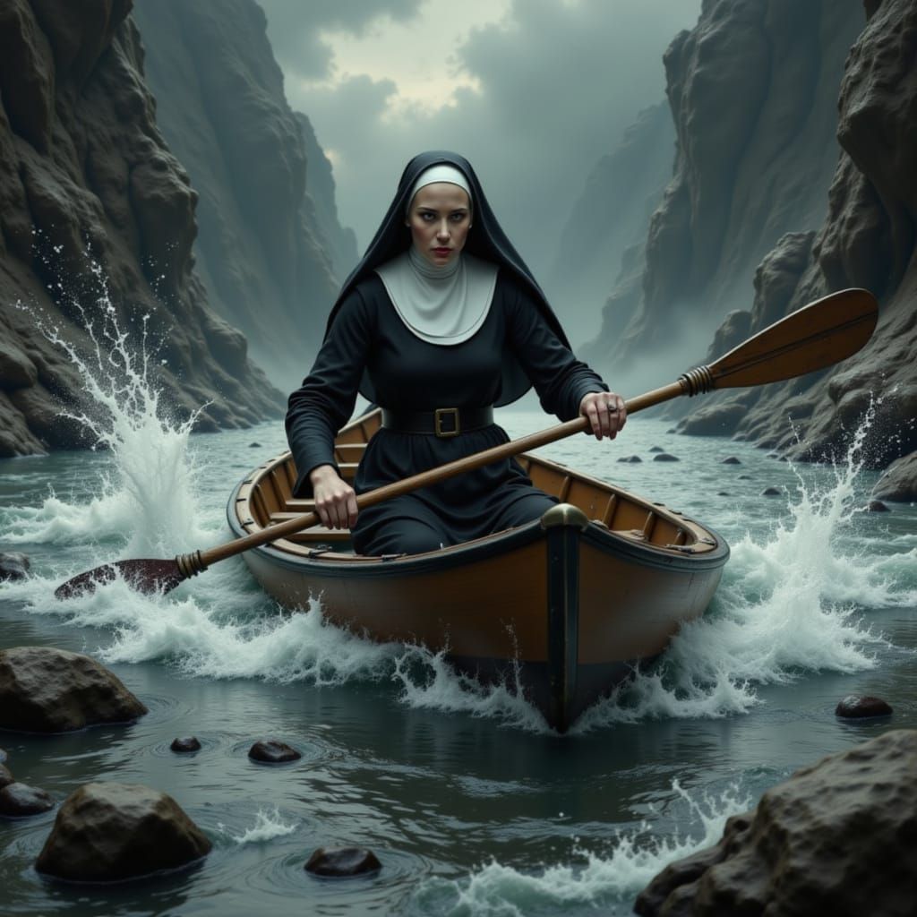 Nun Paddles Canoe Through Stormy River in Dark Fantasy Style