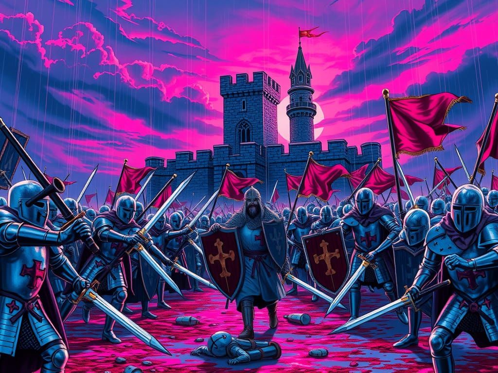 Epic Medieval Battle in Neon-Lit Synthwave Style