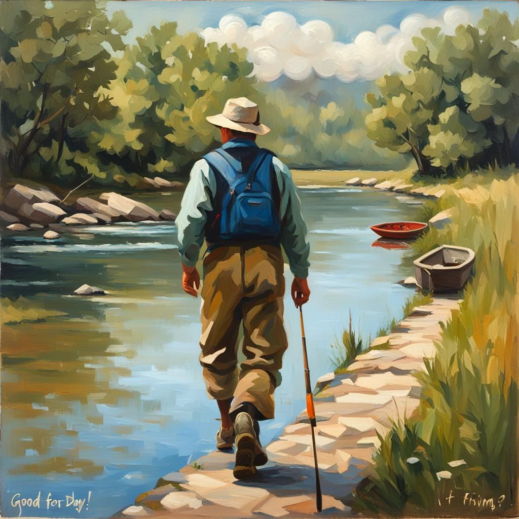 Handsome Fisherman by River in Oil Painting