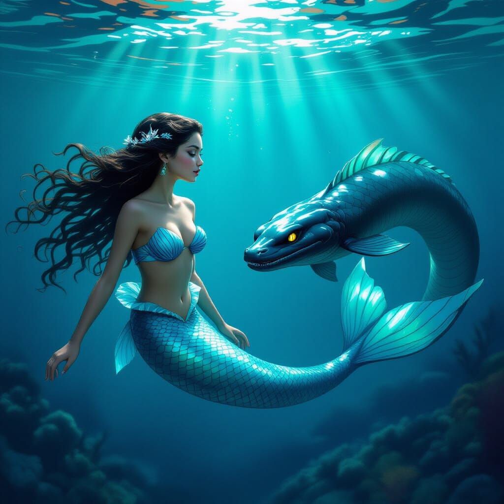Mystical Mermaid and Loch Ness Monster in Underwater Scene