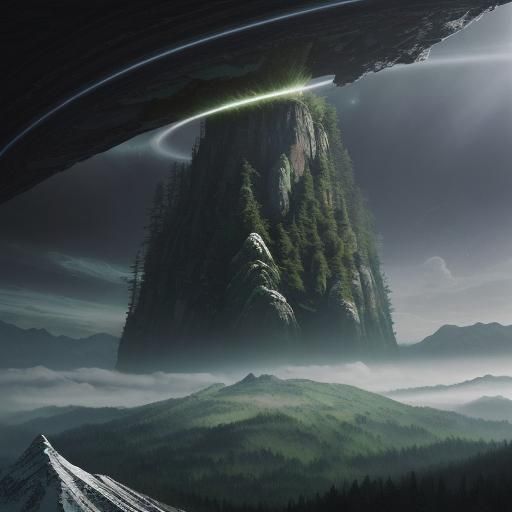 Saturn Rings Over Verdant Mountain Landscape