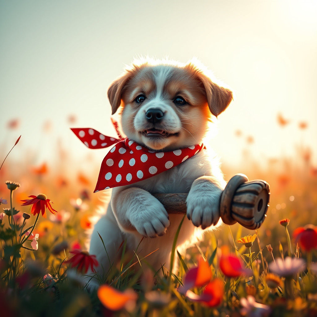 Puppy with Bandana Playing in Sun-Drenched Meadow