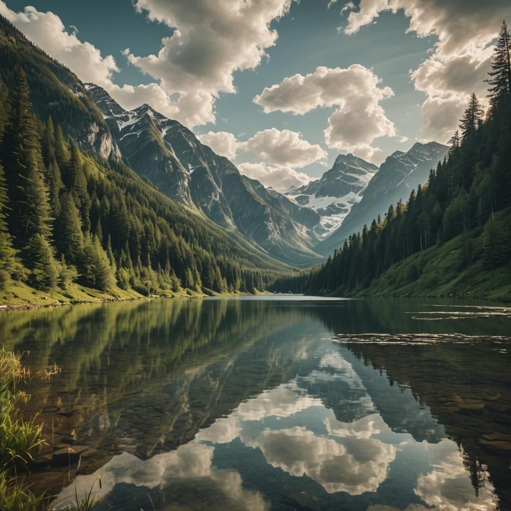 Serene Mountain Lake Under Sunlight: Cinematic Landscape