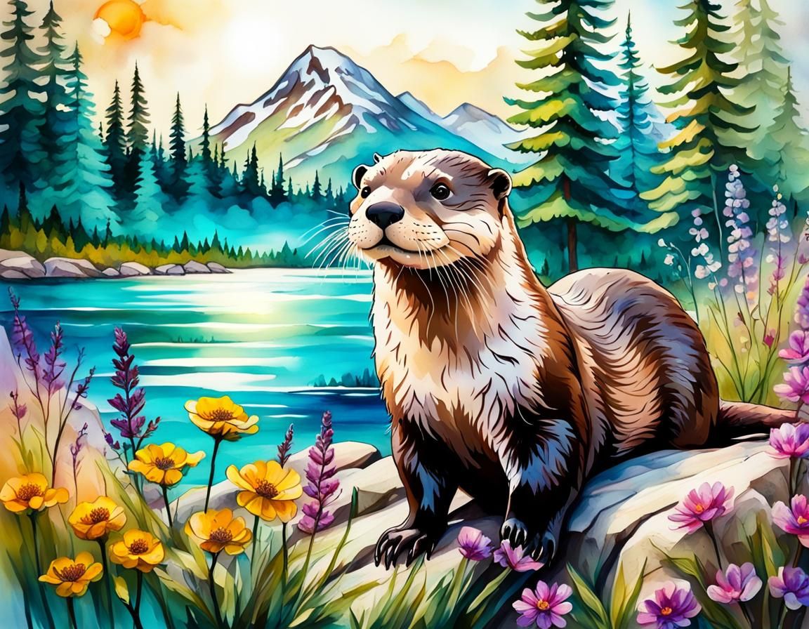 Vibrant River Otter in Mountain Forest Landscape