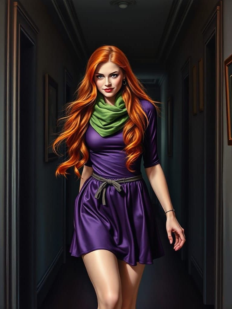 Redhead in Purple Dress Explores Haunted Mansion