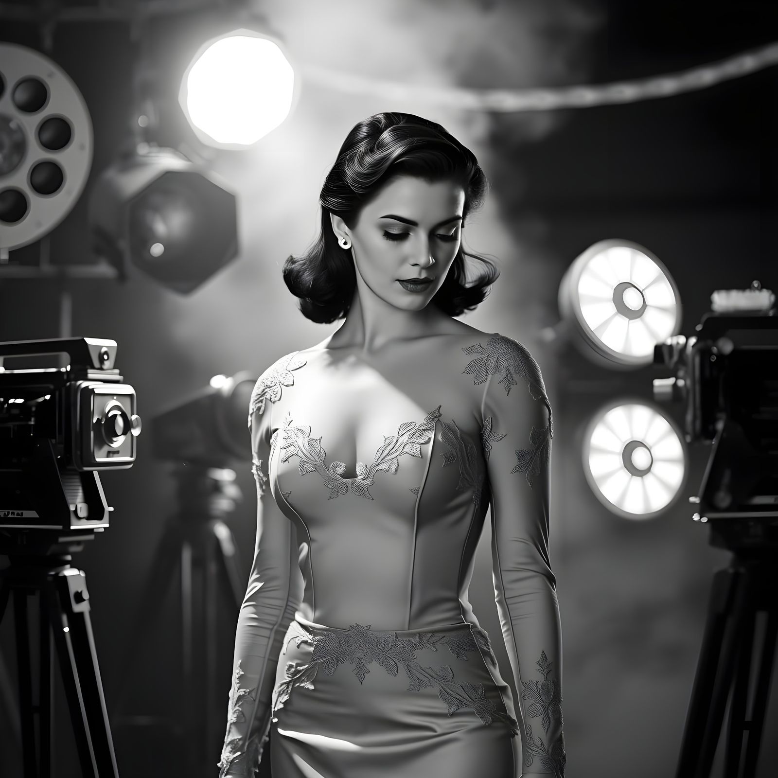 Vintage Film Starlet in Classic Black and White Studio Portr...