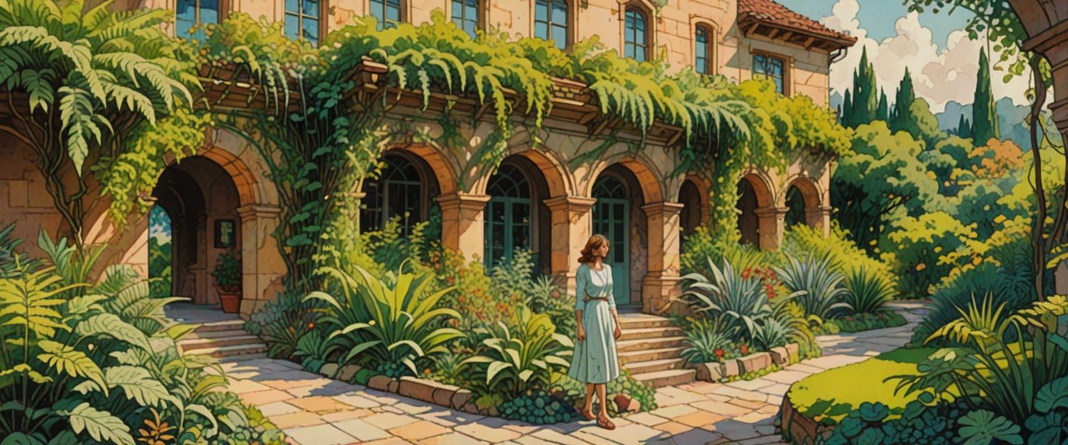Woman in Lush Garden: Comic Book Style