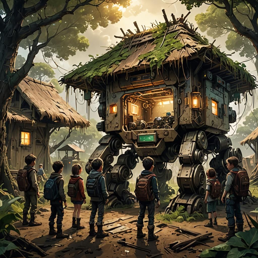 Post-Apocalyptic Kids Learning from AI Robot