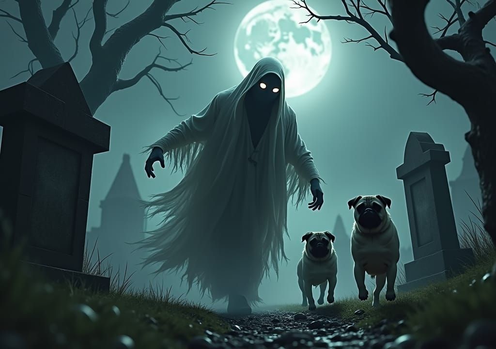 Ghostly Figure Chasing Pugs in Graveyard
