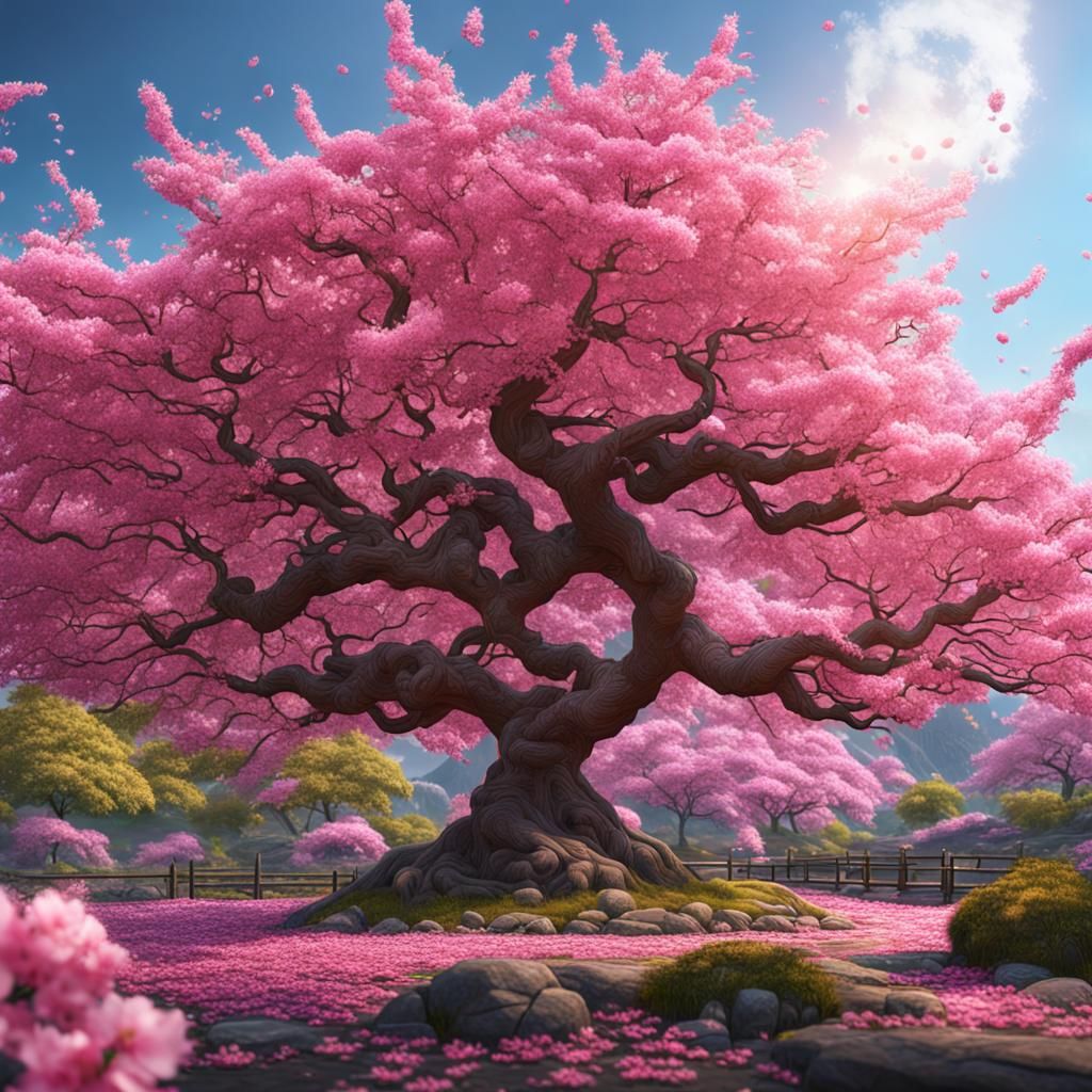 Pink Japanese Cherry Tree in Full Bloom