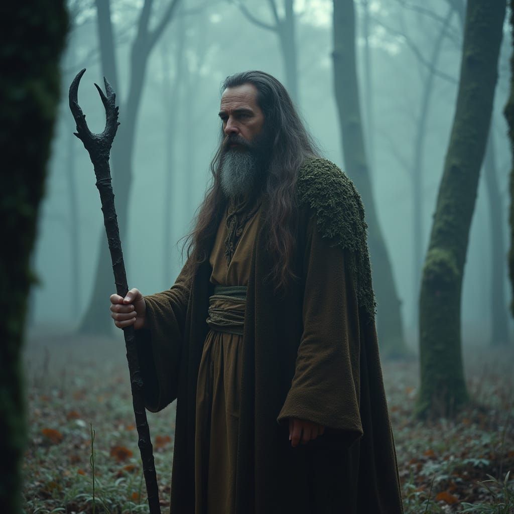 Mystical Celtic Druid in Frosty Forest
