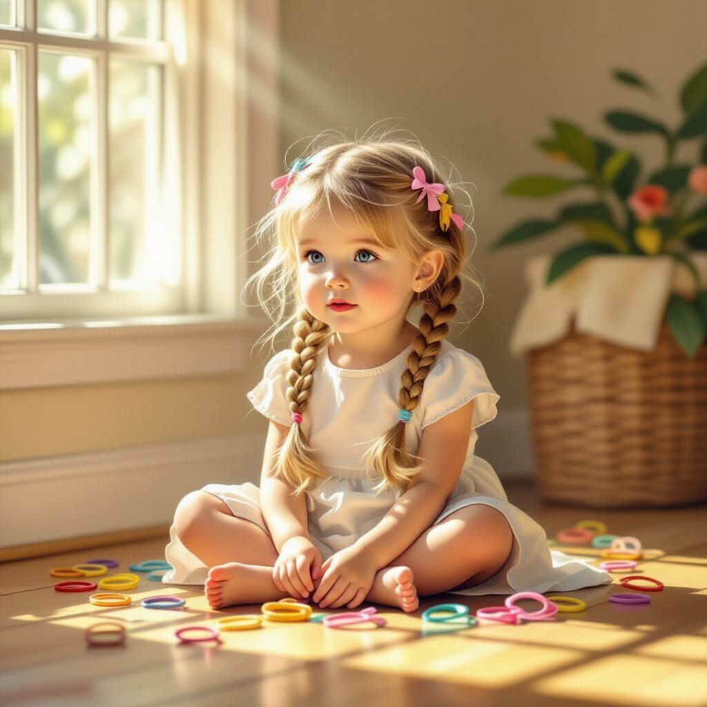 Childhood Wonder: Girl with Braids and Colorful Ties