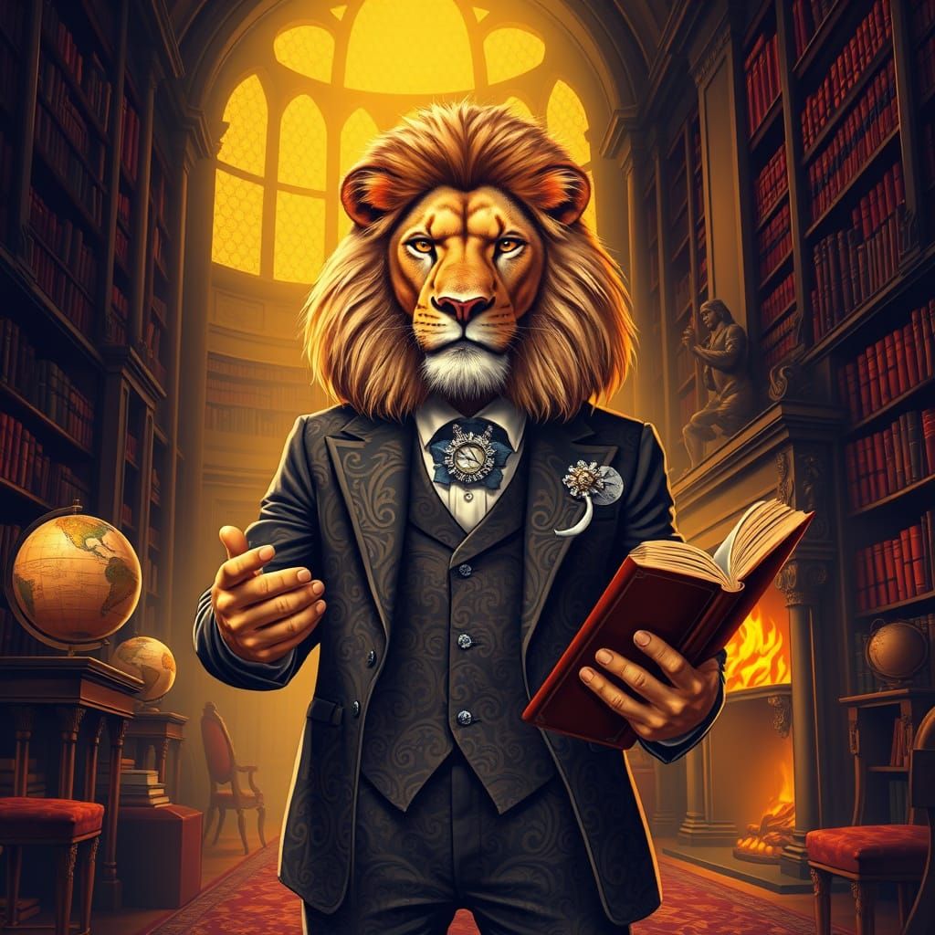 Regal Lion in Opulent Library Attire