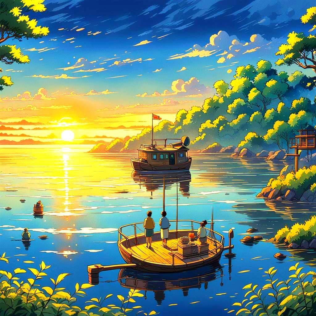 Fisherman Sailing Teacup: Ghibli-Inspired Anime Art