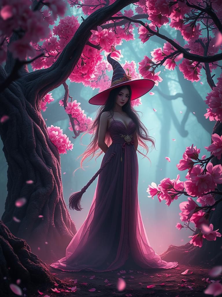 Sakura Witch in Mystical Forest, Digital Concept Art