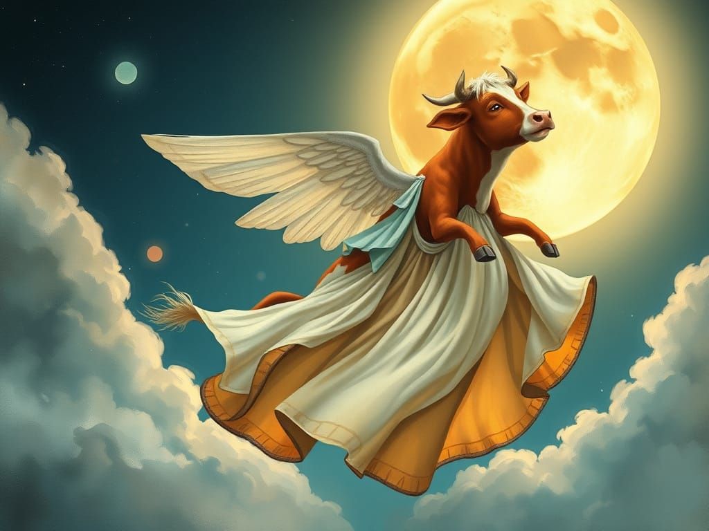Cow Soaring Over Moon in Whimsical Style