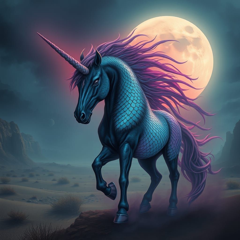 Mystical Unicorn in Moonlit Desert Landscape