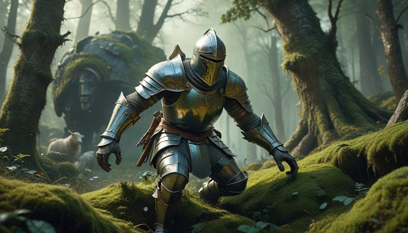 Knight's Comedic Tumble in Whimsical Fantasy Art