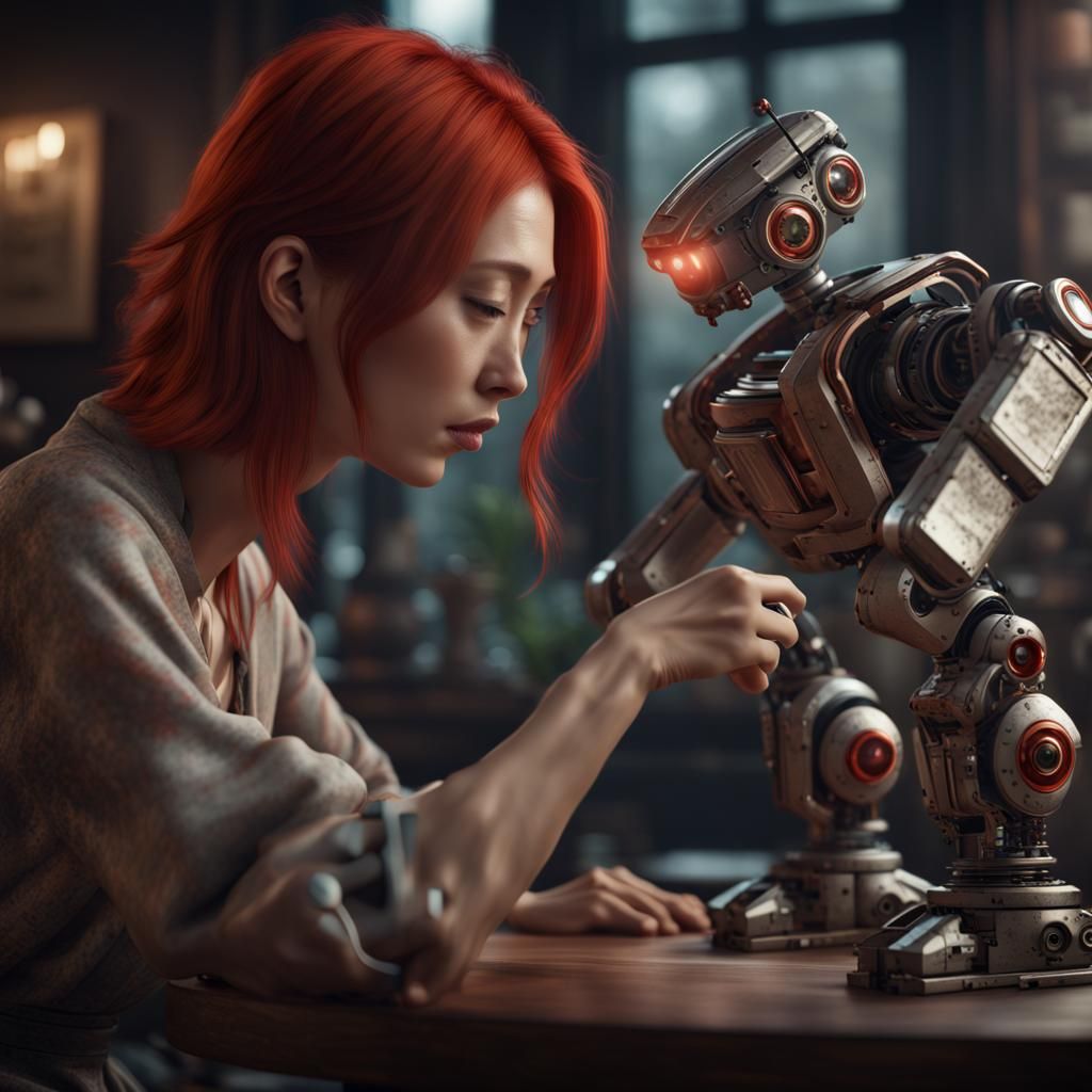 Asian Woman and Robot: Photorealistic Matte Painting