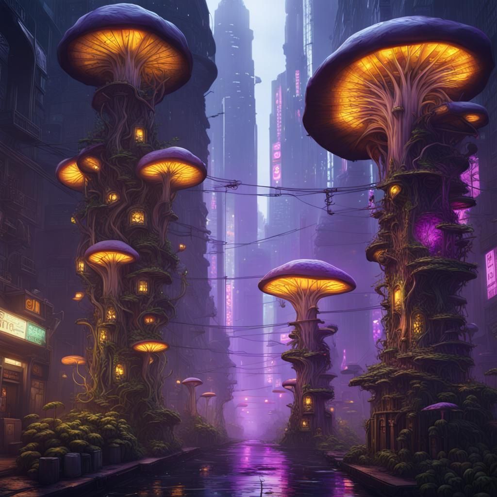 Cyberpunk Mushroom Towers City in 8K Resolution