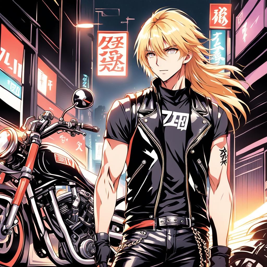 Young Biker in Anime Key Visual Style