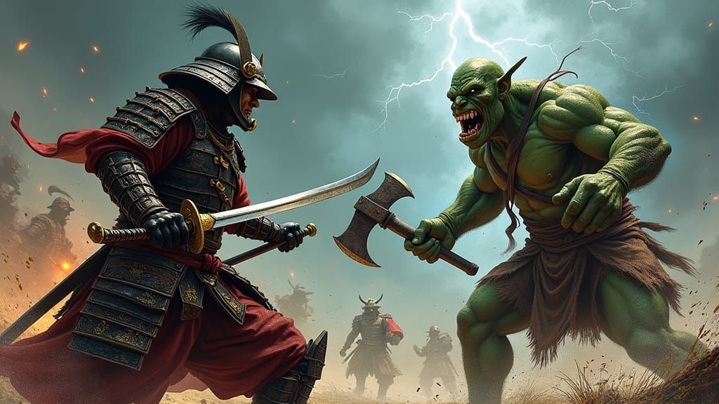 Samurai Warrior Battles Orc on Stormy Battlefield