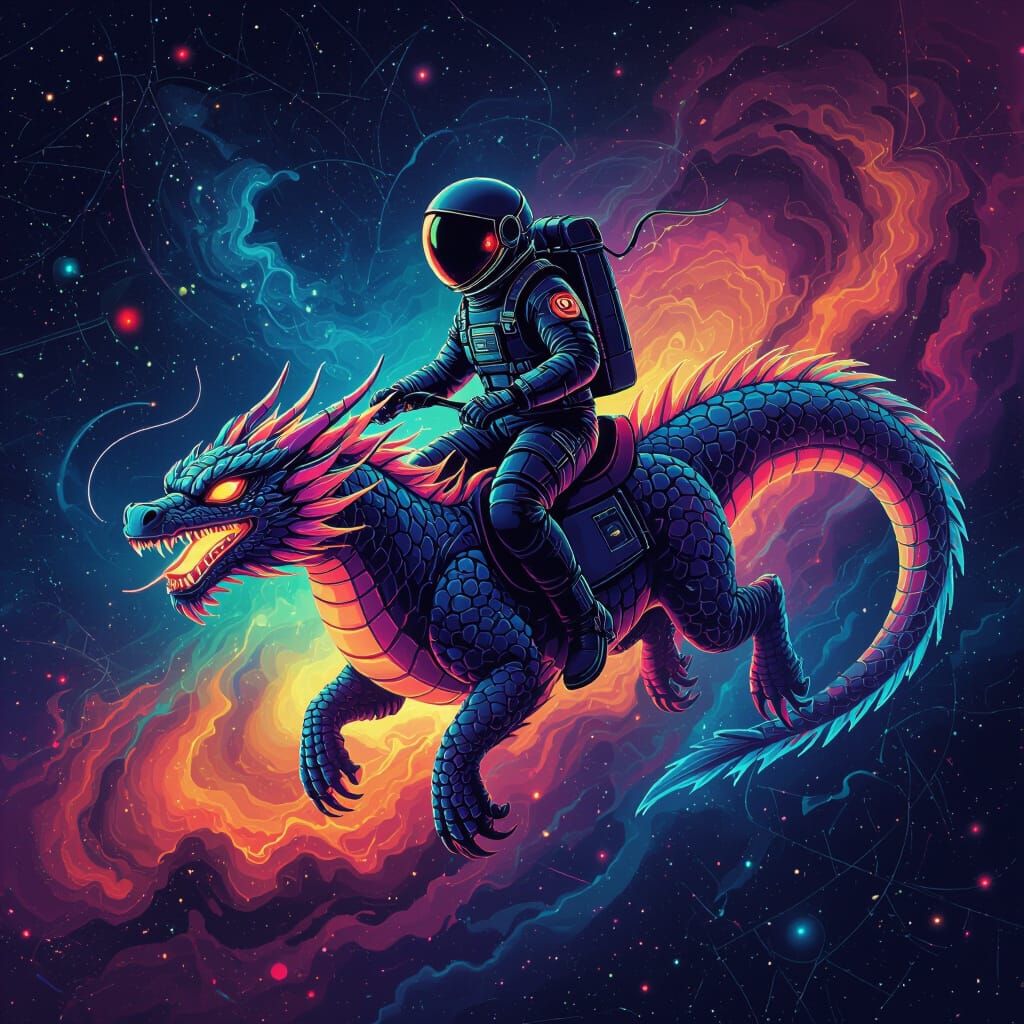 Astronaut Dragon Rider in Cyberpunk Nebula