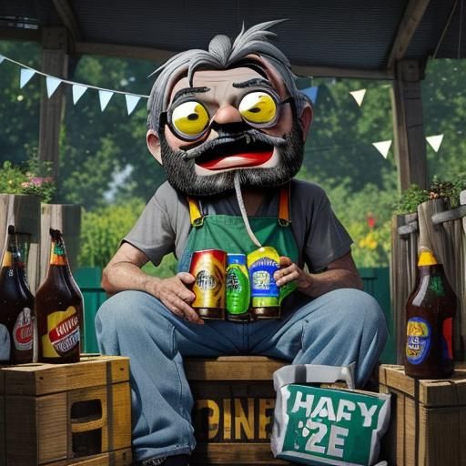 Cartoon Old Man Enjoying Flat Beer in Garden