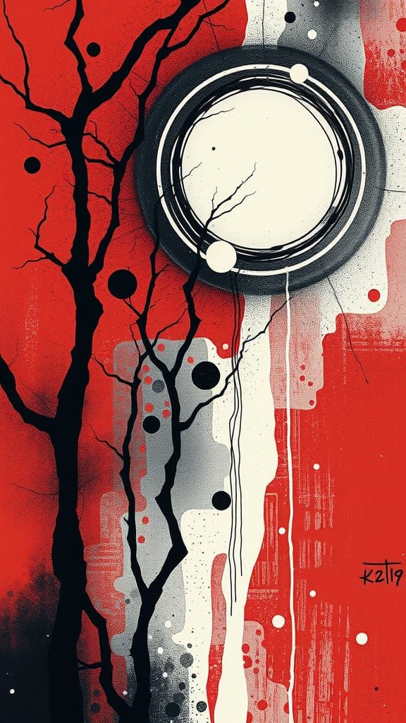 Abstract black and white on red, mystical and poetic dreamlike Paul Klee, surreal and celestial, etching & delicate aqua...