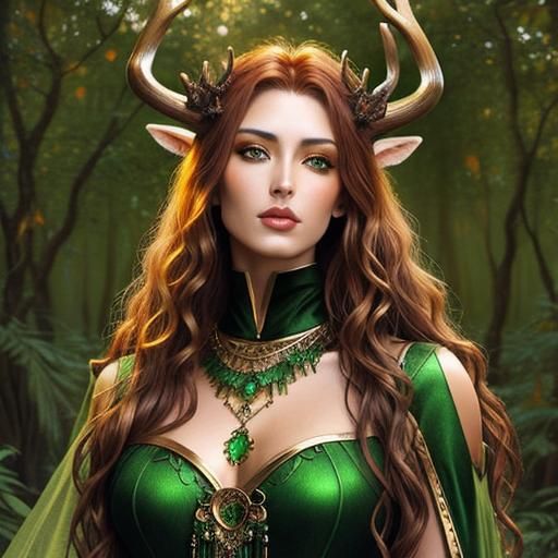 Bronze Woman with Antlers in Oil Painting Style