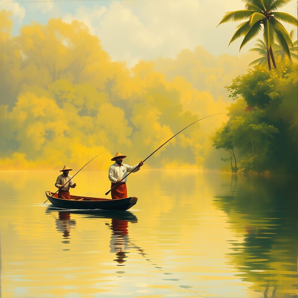 Serene Sri Lankan Fishermen in Impressionist Style