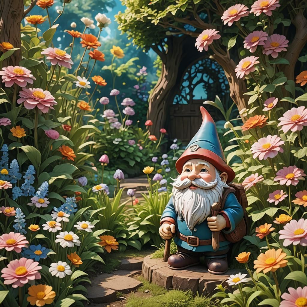 Ghibli-Style Wooden Gnome Sculpture in Garden