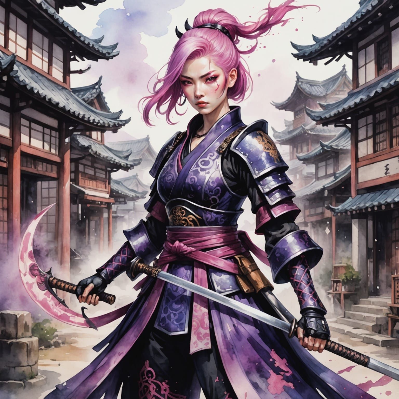 Gothic Samurai with Scythe in Watercolor Style