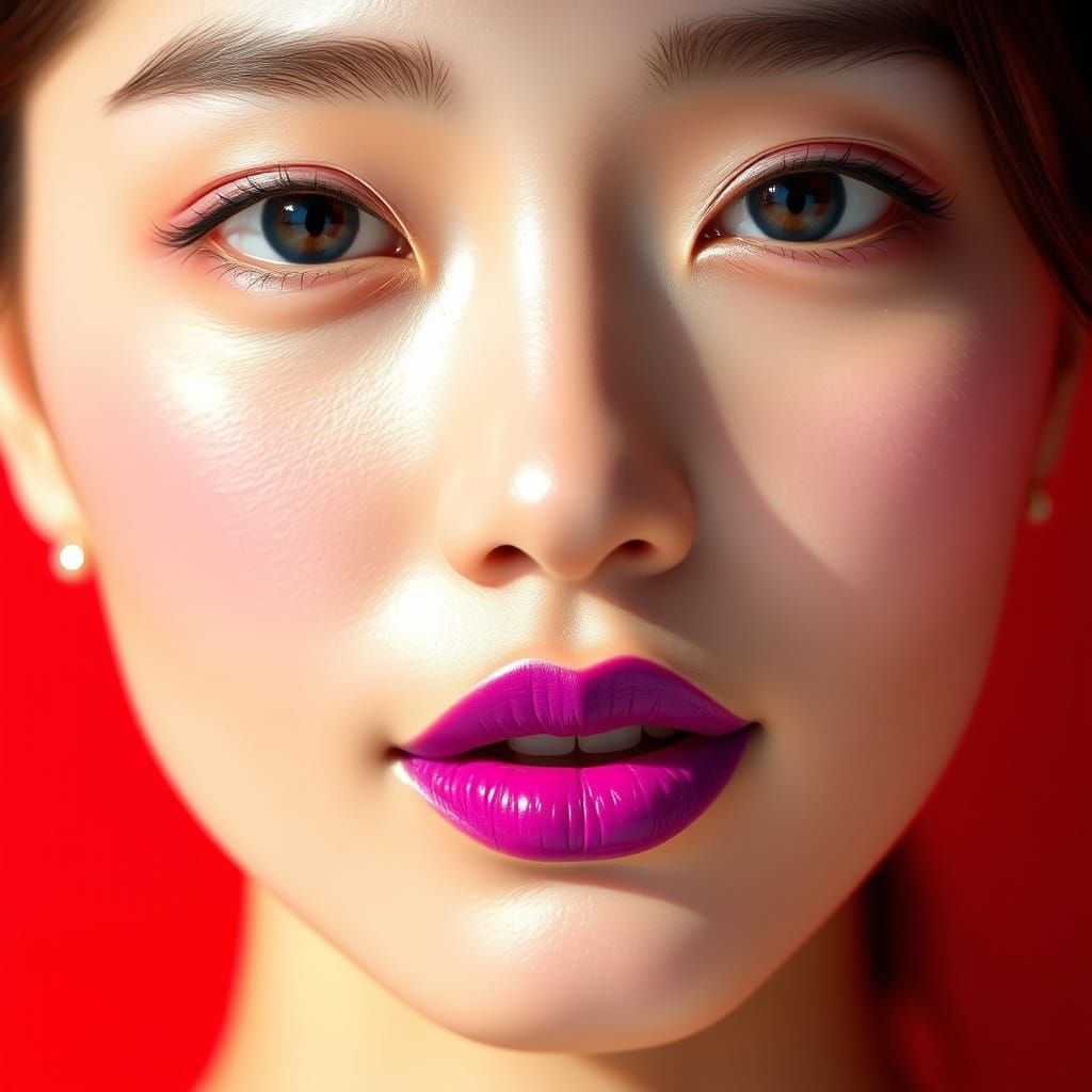 Stunning Korean Beauty in Vibrant Purple Lipstick Close-Up