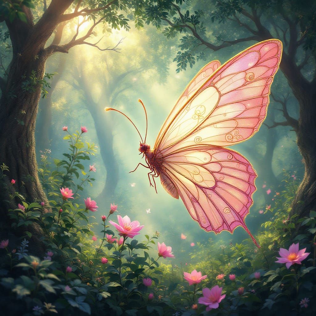 Ethereal Pink Butterfly in Enchanted Forest
